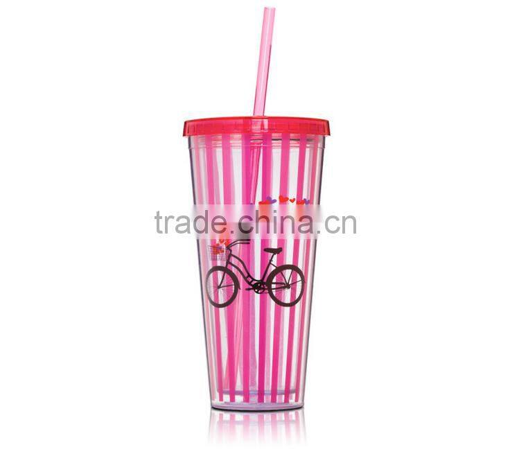 Plastic Cup Double Wall Material Ice Cream Cup With Straw