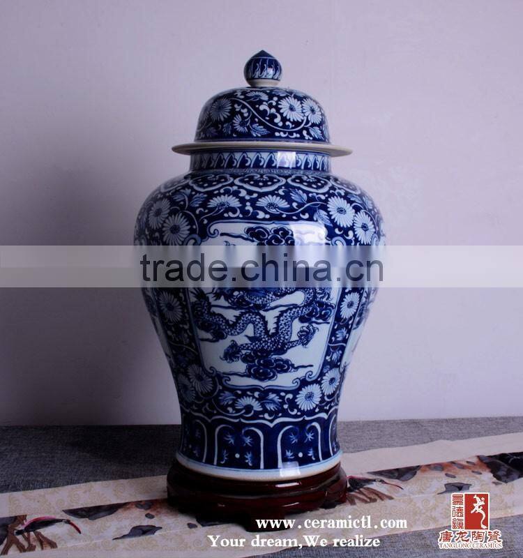 Customized blue and white porcelain hand painted dragon temple ginger Jars