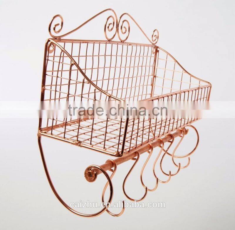 VINTAGE COPPER STORAGE BASKET SHELF UNIT WALL HUNG KITCHEN WIRE BASKET