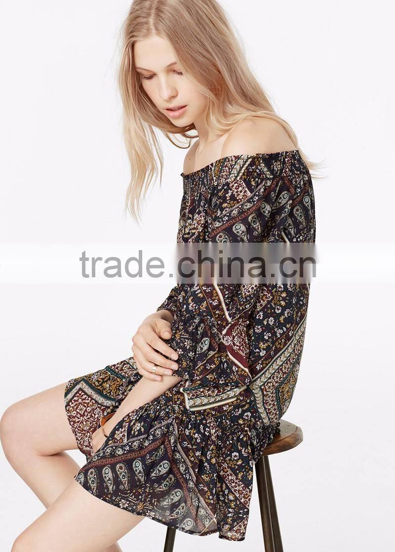 ladies printed chiffon off shoulder dress three quarter sleeve