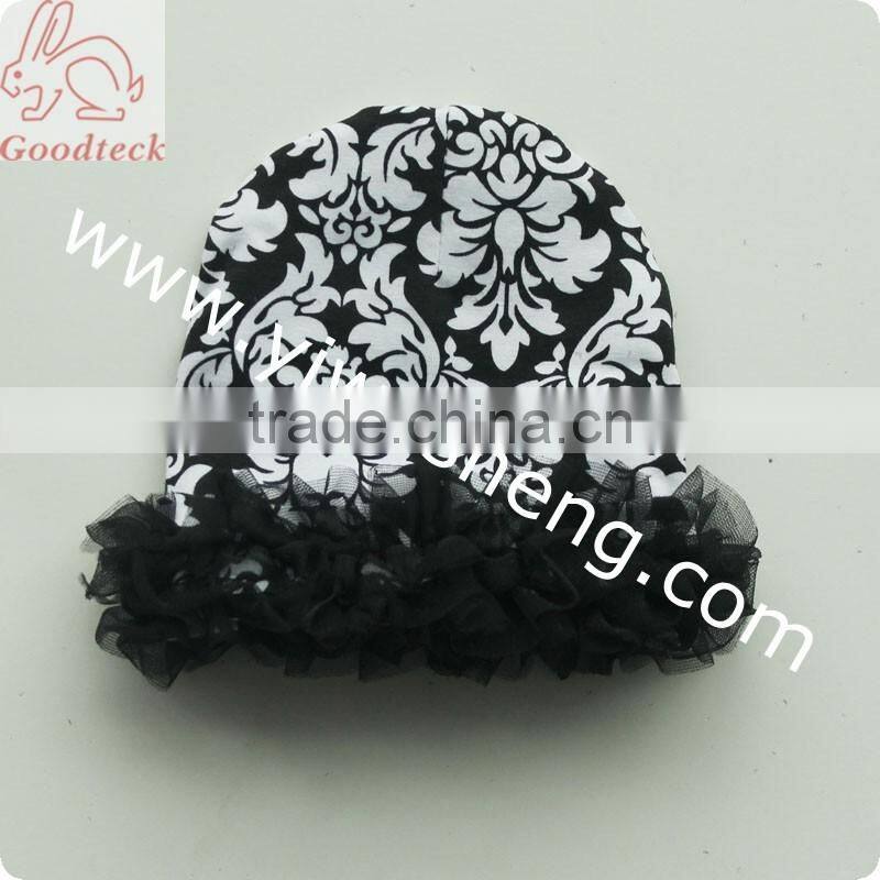 Wholesale hot sale Cotton black ruffle baby hat,baby print cotton baby caps