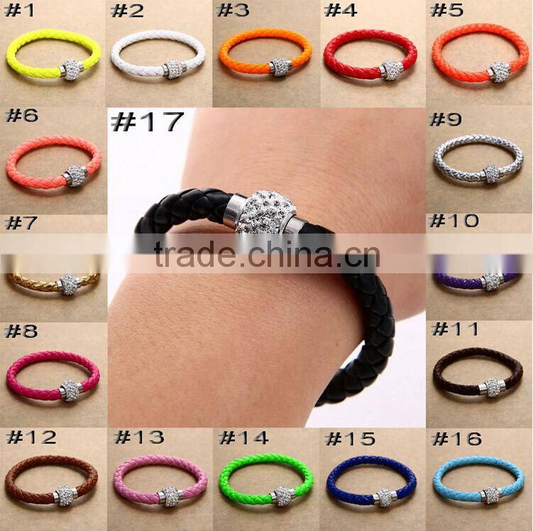 Leather Wrap Wristband Cuff Punk Magnetic Rhinestone Buckle Bracelet Bangle