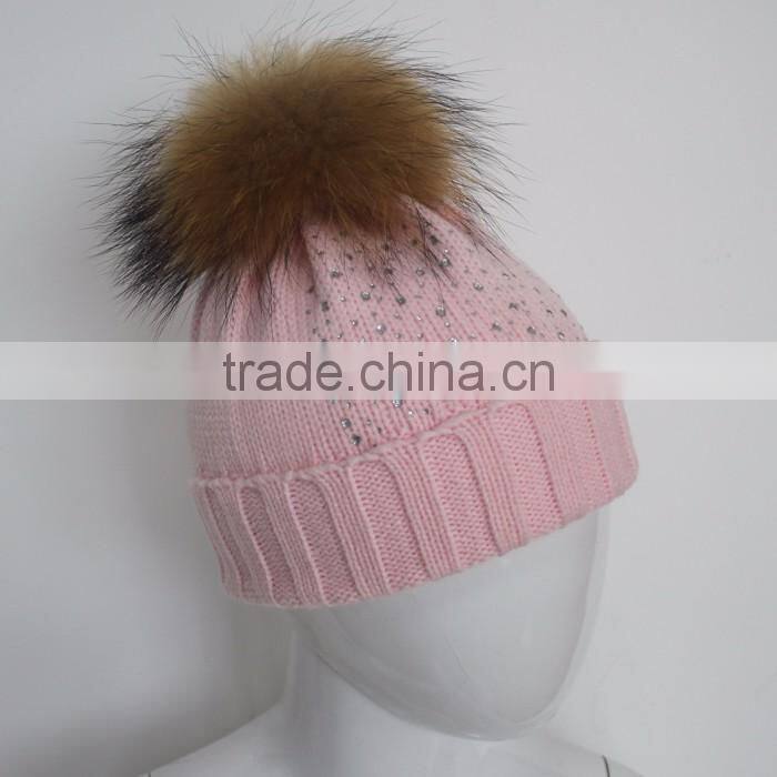 Myfur Baby Pink High Quality Wool Acrylic Knitting Hat and Cap with Raccoon Fur Ball Wholesale