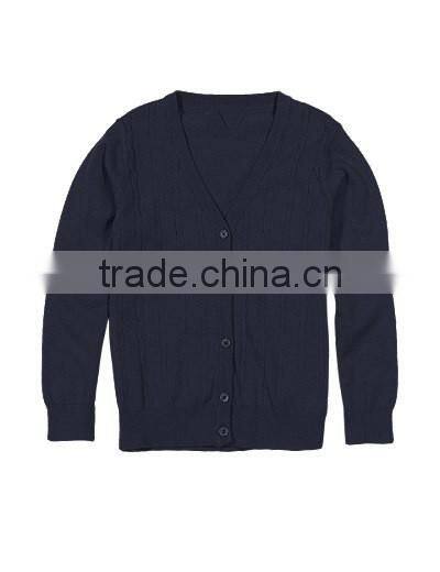 Latest! High Quality Bright Blue Button Through V-Neck Girls Long Sweater with Ribbed Trim