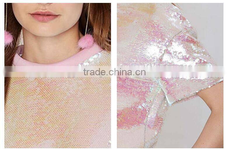 Ladies pink short sleeve loose european style fashion paillette t shirt