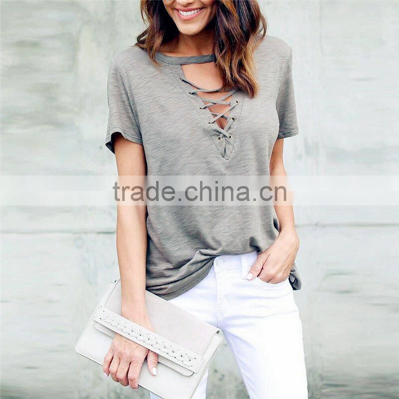 Women's short sleeve v-neck sexy t shirt with eyelet lace-up