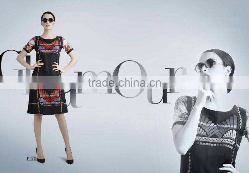 Salmon and Red color with Gold flakes neck design Vogue Designer Kurtis