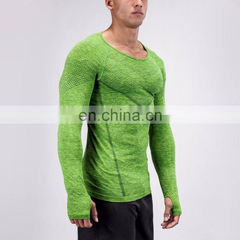 Wholesale Latest Design Gym Wear Mens Seamless Performance Green men Long Sleeve T Shirt
