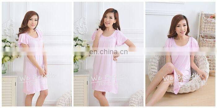 Ladies' eco-friendly bamboo fiber round neck night gown solid color FD