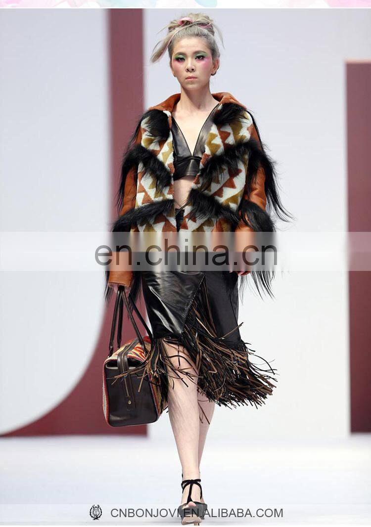 Wild Style Multicolored Goat Fur Coat Checked Merino Sheep Fur Jacket With Goat Fur Tassel Winter Women's Fashion Overcoat