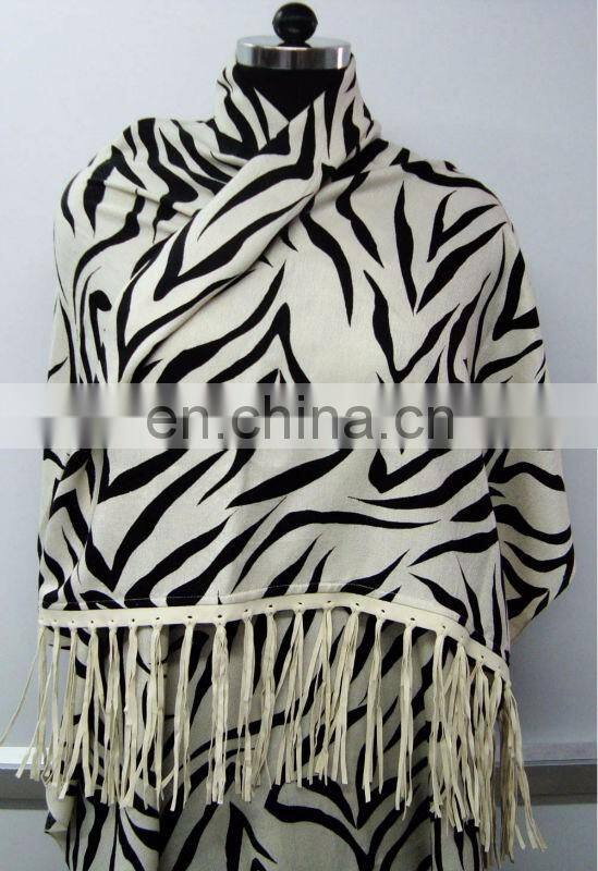 Silk Pashmina Wool Animal Printed/Plain stoles with leather fringe 2017