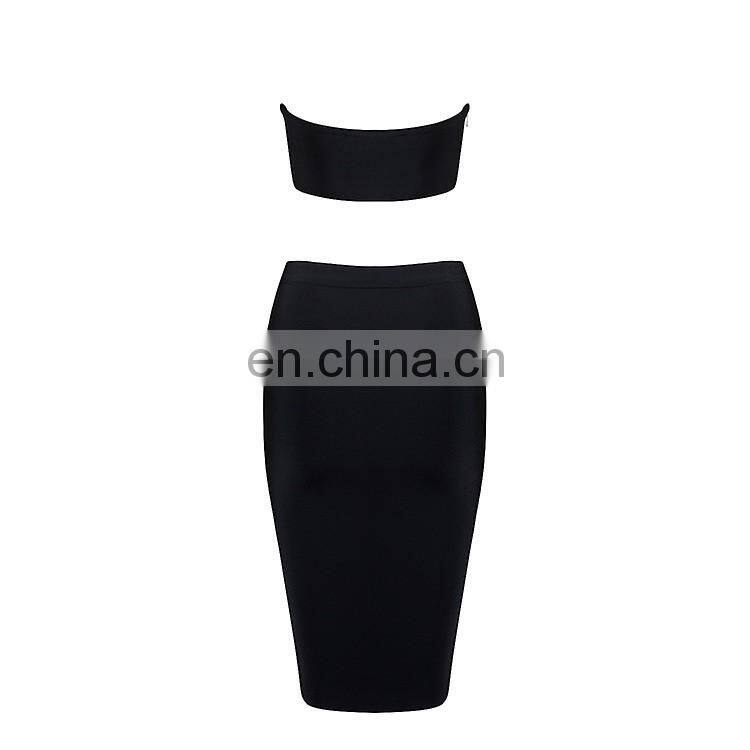 Hot Sell Clothing Women Black White Sexy High Split Two Pieces Set Bandage Midi Club Dress