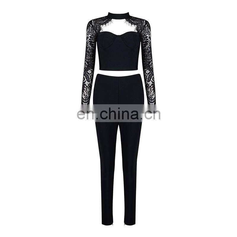 Amigo 2017 new design two piece sexy party wear bandage pants suit with long sleeve lace dew chest crop top and bodycon trouser