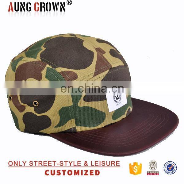 Promotional custom own printed pattern camo pattern 5 panel hats wholesale