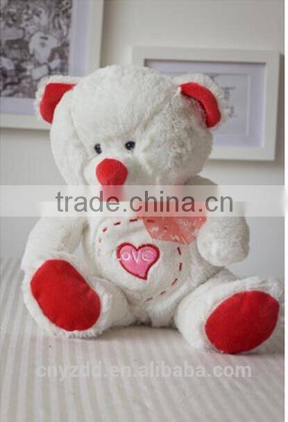 Plush Toy Bear Embroided Red Heart/Soft Bear Toy Sitting High 26cm with Red Nose/Soft Stuffed White Bear with Red Slik Bow