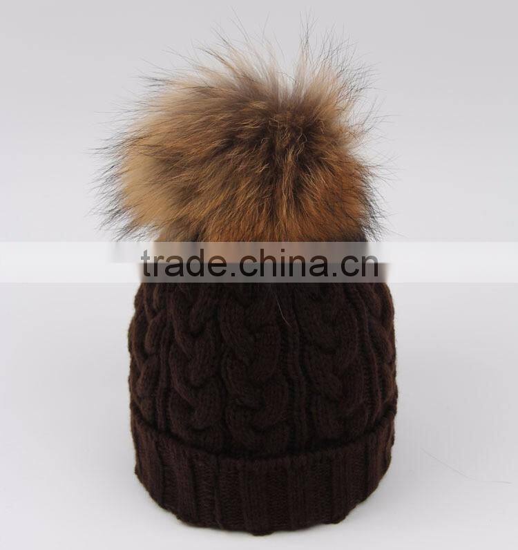 Custom Wool Knitted Racoon Fur Pom Pom Beanie Hat