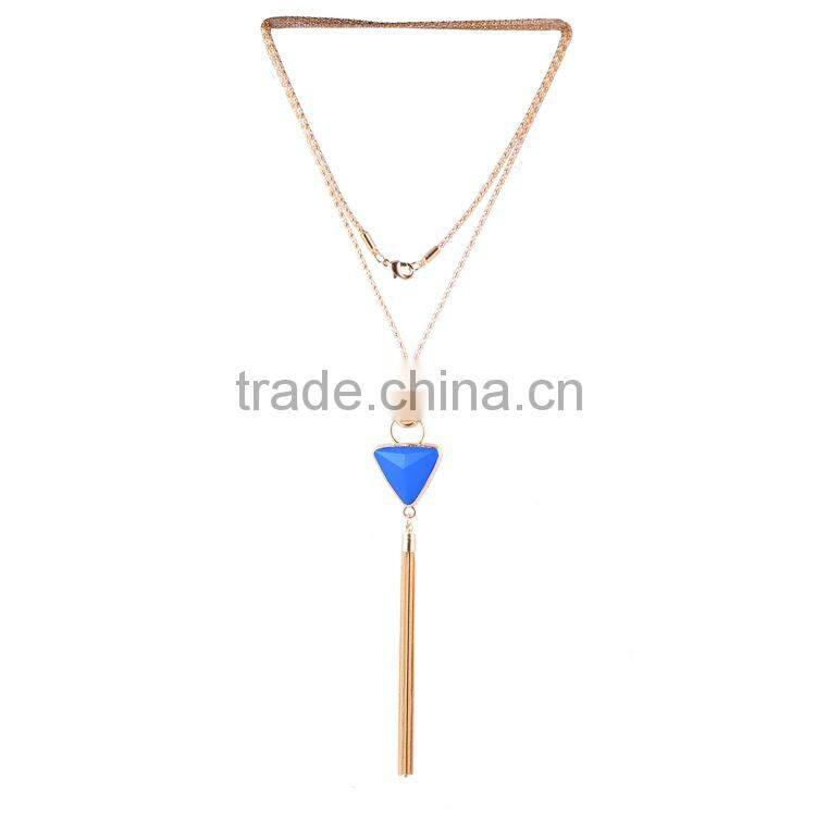 Bohemian Multilayers Long Chain Triangle Resin Bead Pendant Tassel Necklace