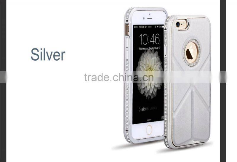 Luxury Plaid Pattern Cowhide Leather Back Cover with Kickstand Diamond Chrome Edged Bumper Hard Case for Iphone6 6plus