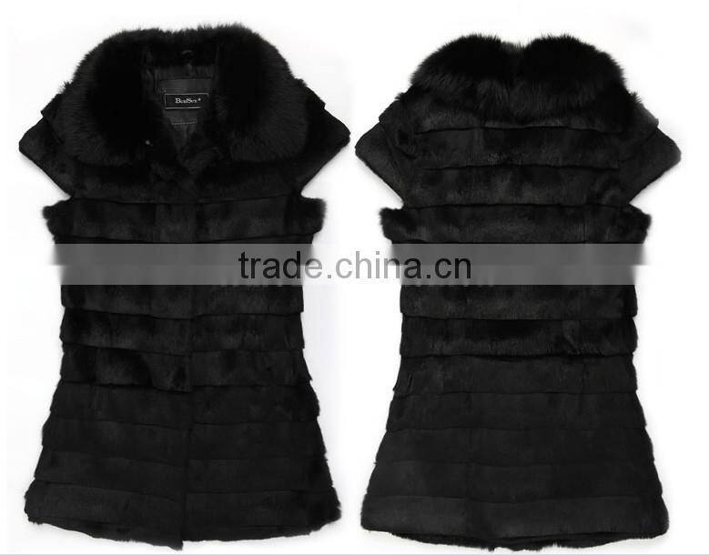 rex14058 new style fashion women rabbit fur vest black