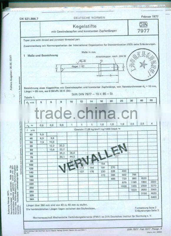 carbon steel taper pin with external thread din7977