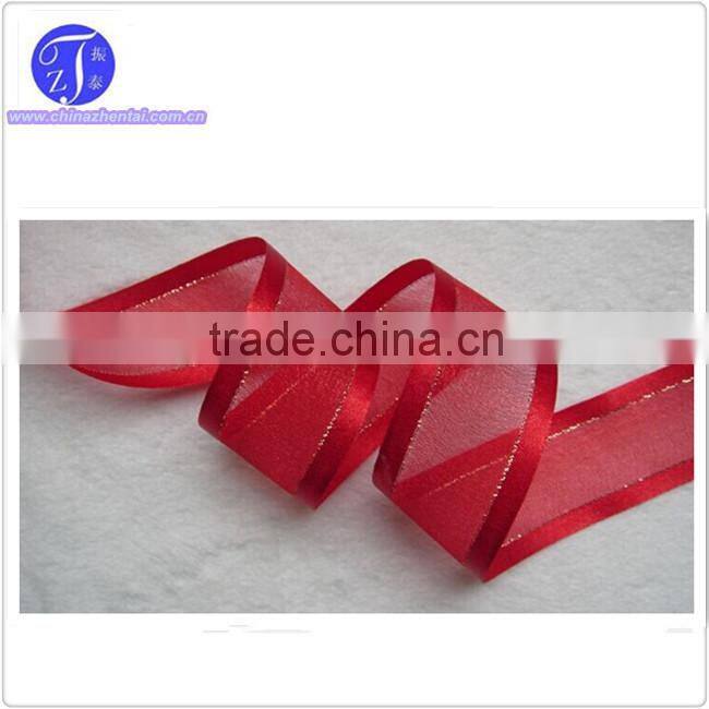 China Manufacturer supply colorful satin edges organza ribbon with gold wire