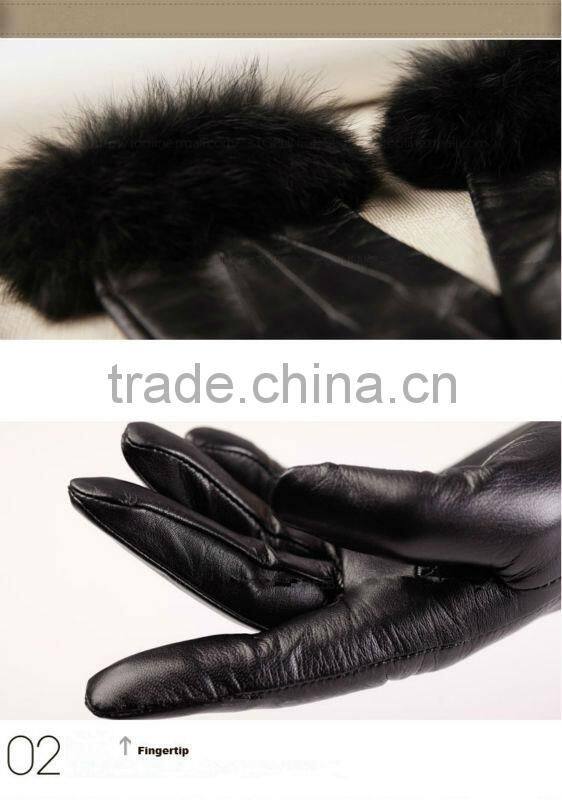 New style black dress Leather Glove with rabbit fur cuff