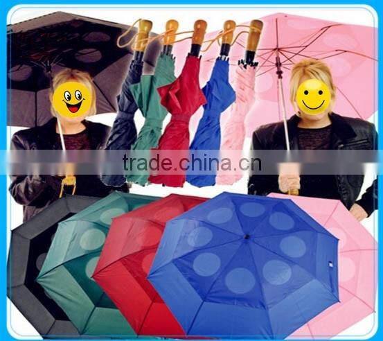 Umbrella Folding Fibereglass ribs vented canopy wood style handle