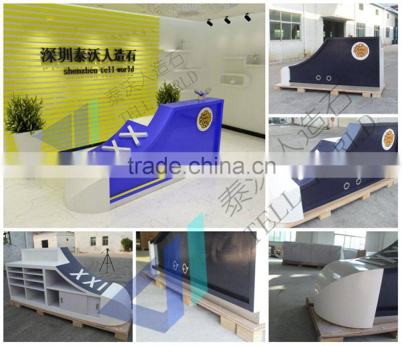 High glossy pure white logo lighted office reception counter front desk modern design