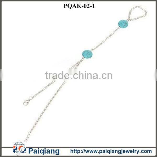 China wholesale fashion hot selling silver chains double turquoise bead anklet