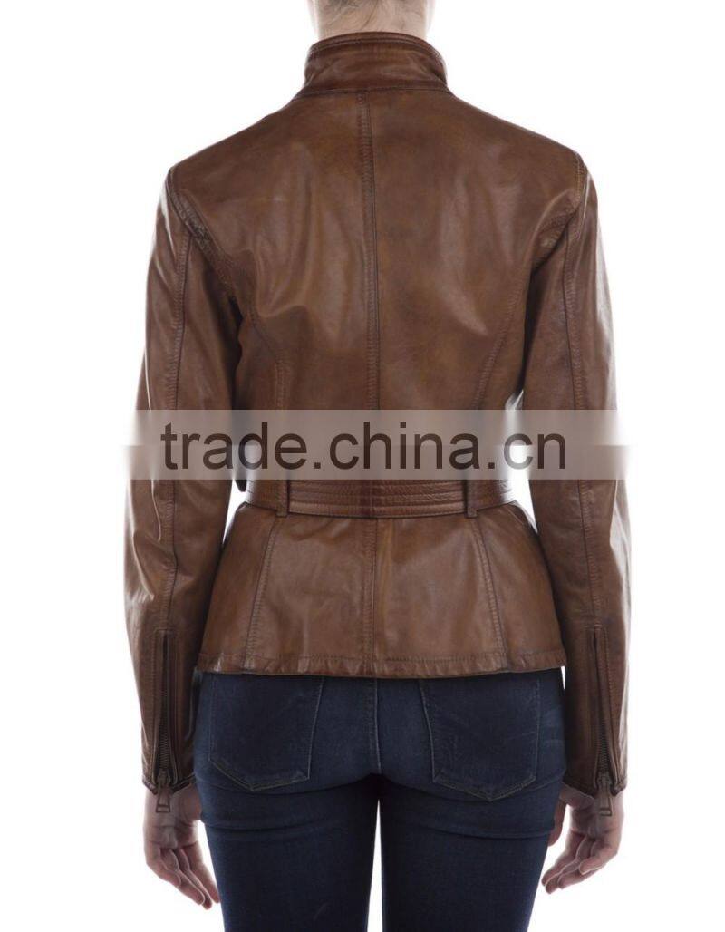 Stylish cognac leather jacket women