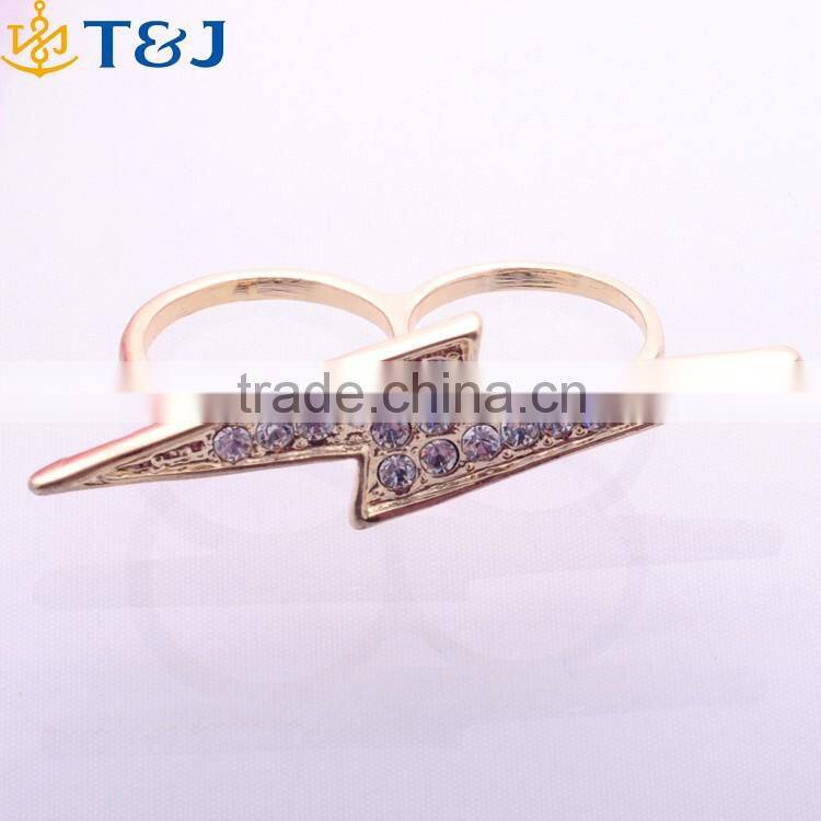Hot Sale Gold Plated Double finger Fashion Ring High Quality Lightning Design Rings With Crystal Rhinestone Jewelry