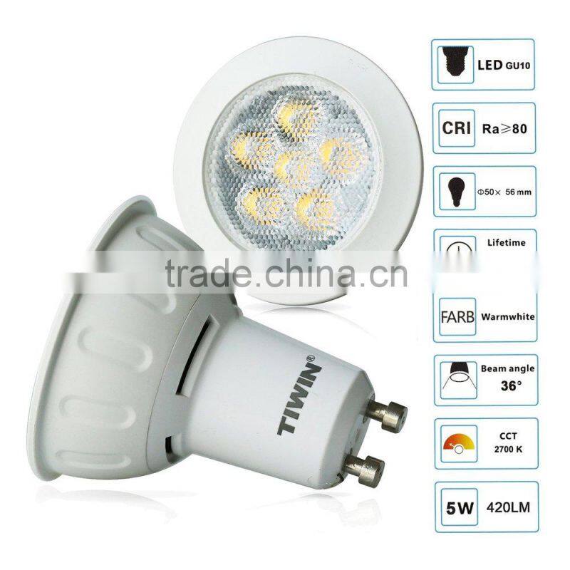TIWIN 2015 New design warm white 36 degree 420lm 3000k 5W COB SPOT LIGHT led gu10 bulb