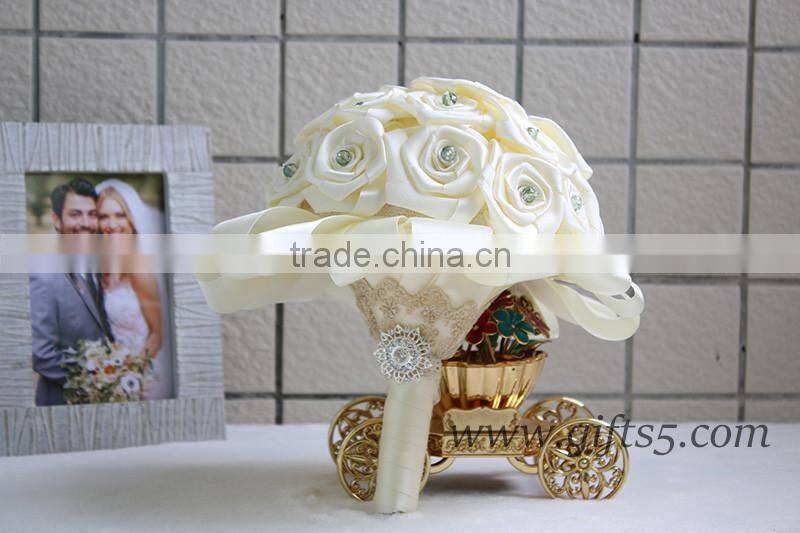 White handmade satin rose wedding bouquet with crystal