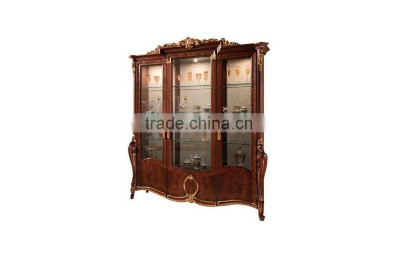 Luxury Solid Wood Wooden and Golden Color Three Door Wine Cabinet/Living Room Classic Display Cabinet(MOQ=1 SET)