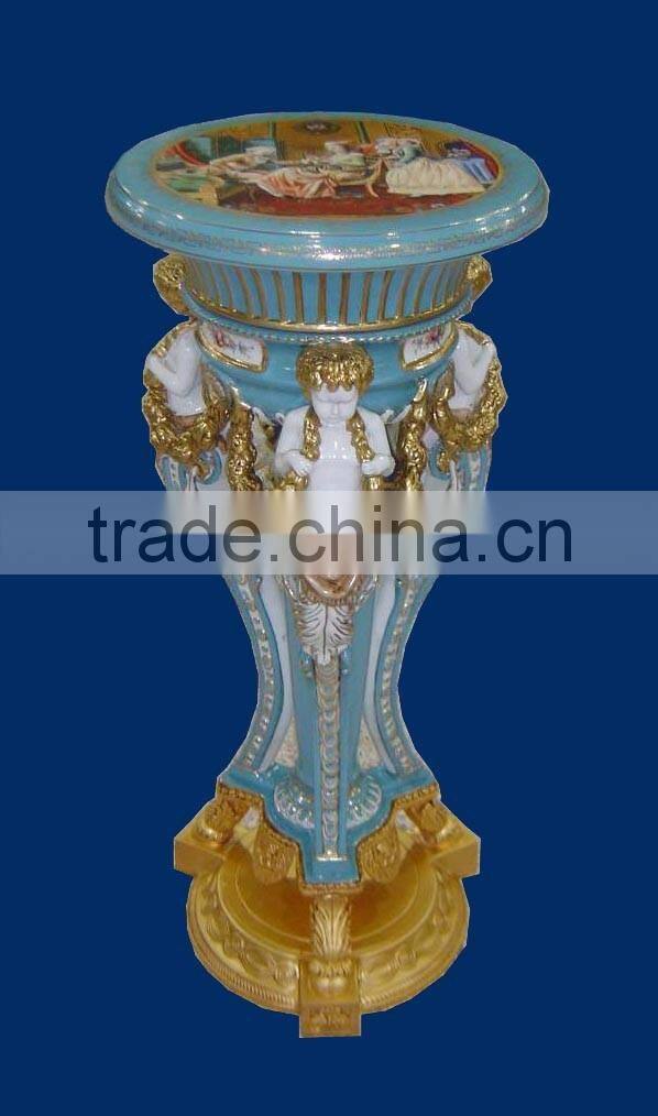 Antique European Small Round Porcelain Table, Hand Painted Ceramic Telephone Table, Home Decorative Gilt Brass Mounted Side Tabl