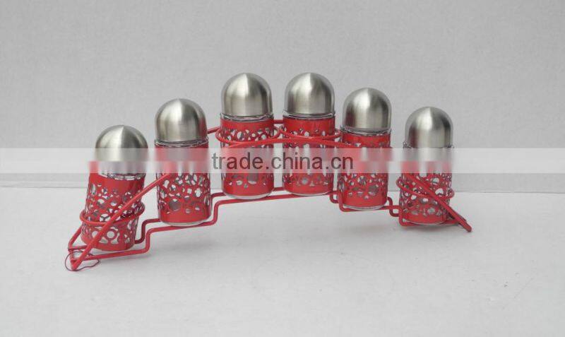 high quality red glass storage jar cruet jar spice bottle set with stand