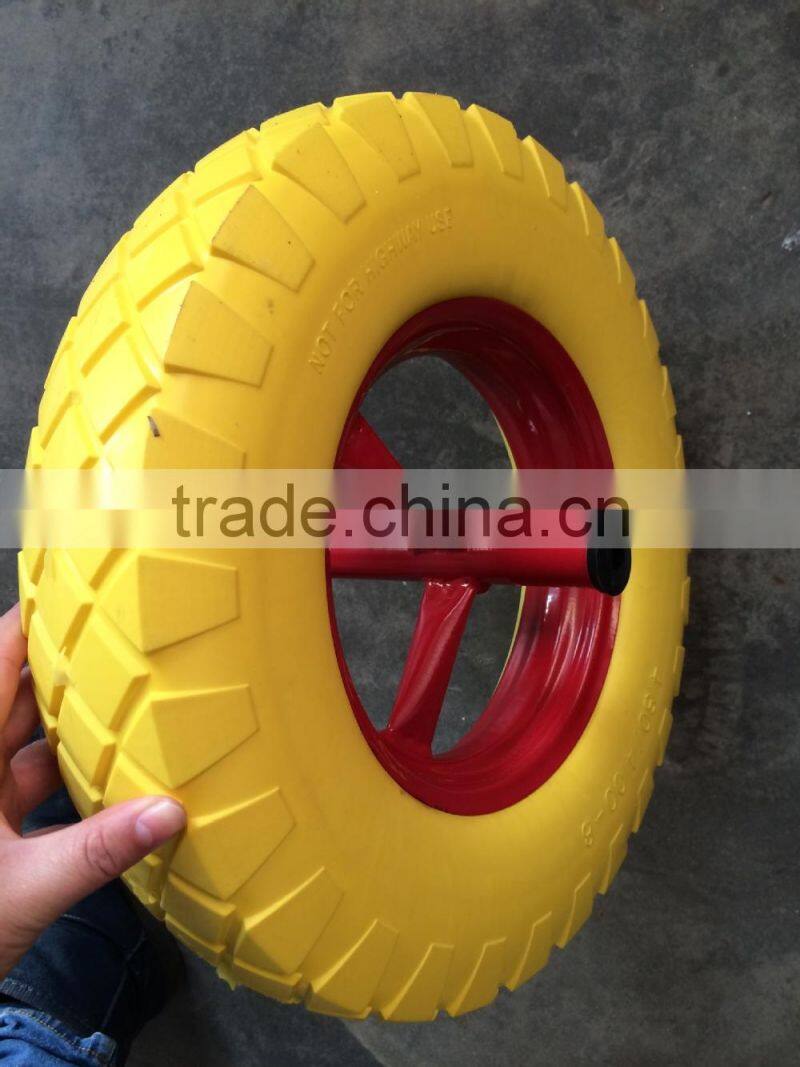 16 inch 400-8 solid wheel barrow tyre with axle PU foam rubber wheel