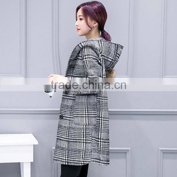 2016 Winter Ladies Black Long Plaid Wool Coat for Women and ladies