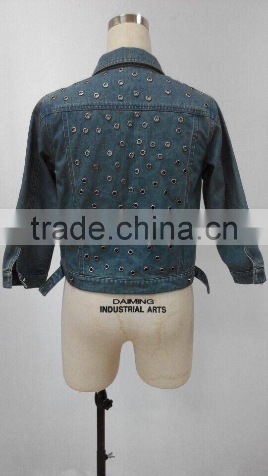 Ladies denim jacket with full metal eyelet on back