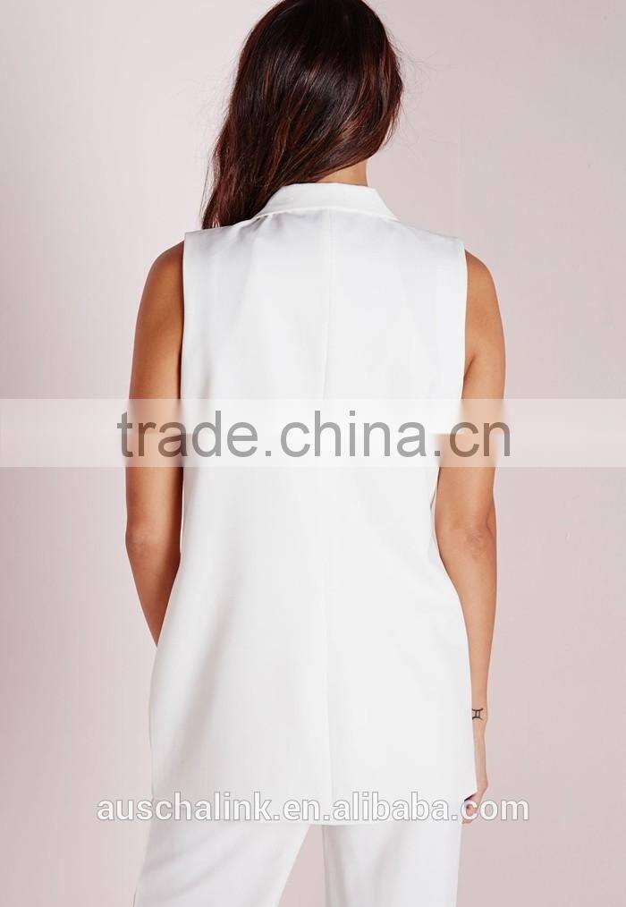 women fancy white sleeveless double breasted slim fit blazer