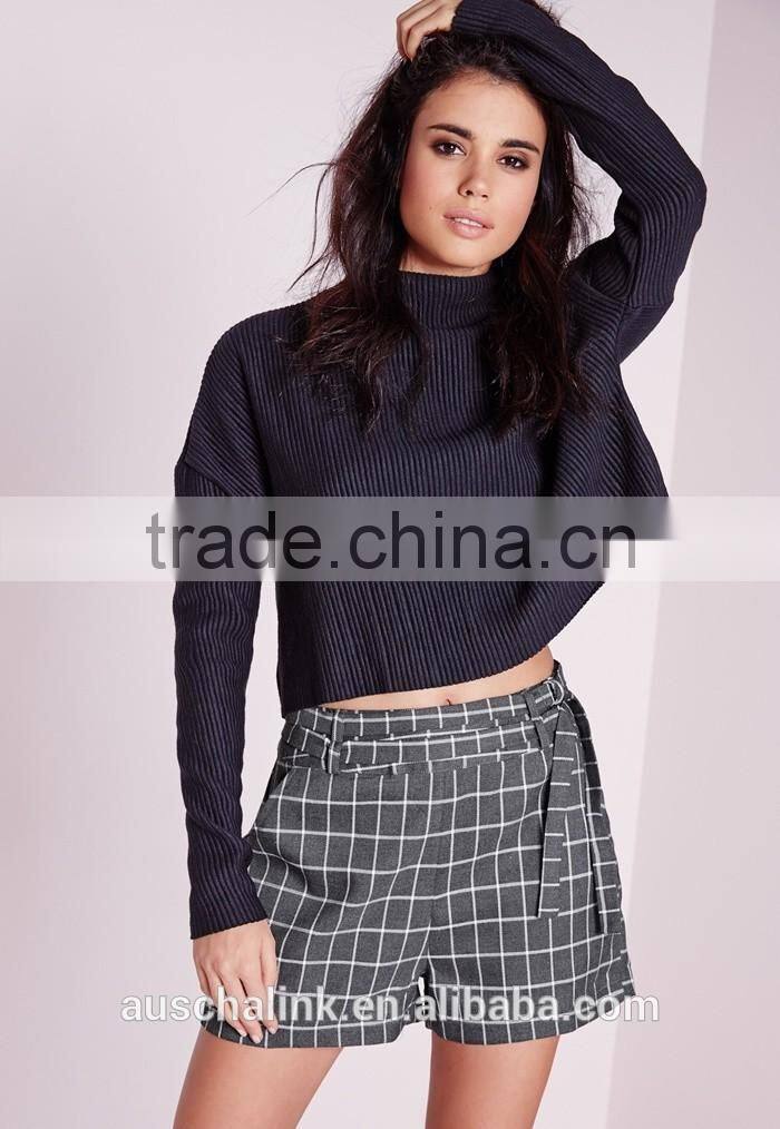 summer fashion grey double belted check cheap shorts OEM service