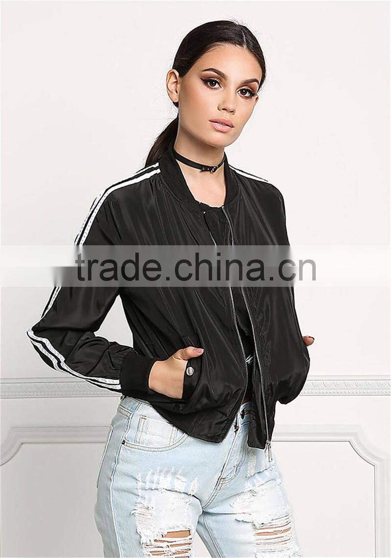 MGOO New Arrival Black 100% Polyester Bomber Jackets Black Crop Long Sleeves Tops Coat Sports Women Jackets