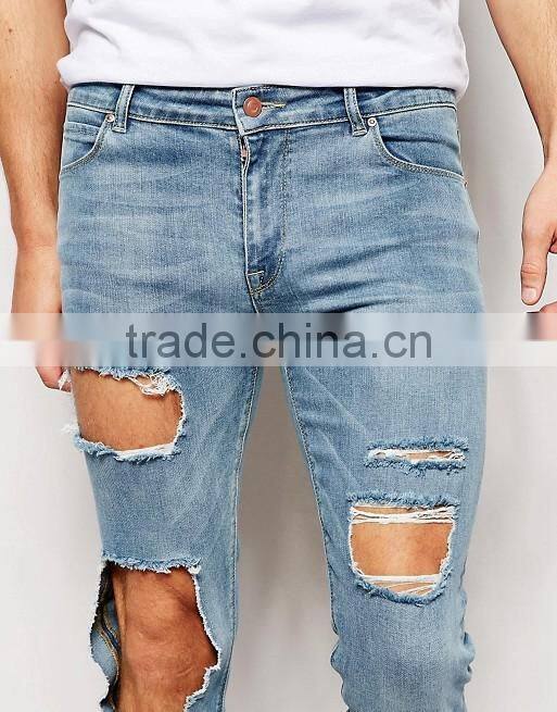 Slim Fit Straight Cut Knee Ripped Acid Wash Jeans Trousers for Men