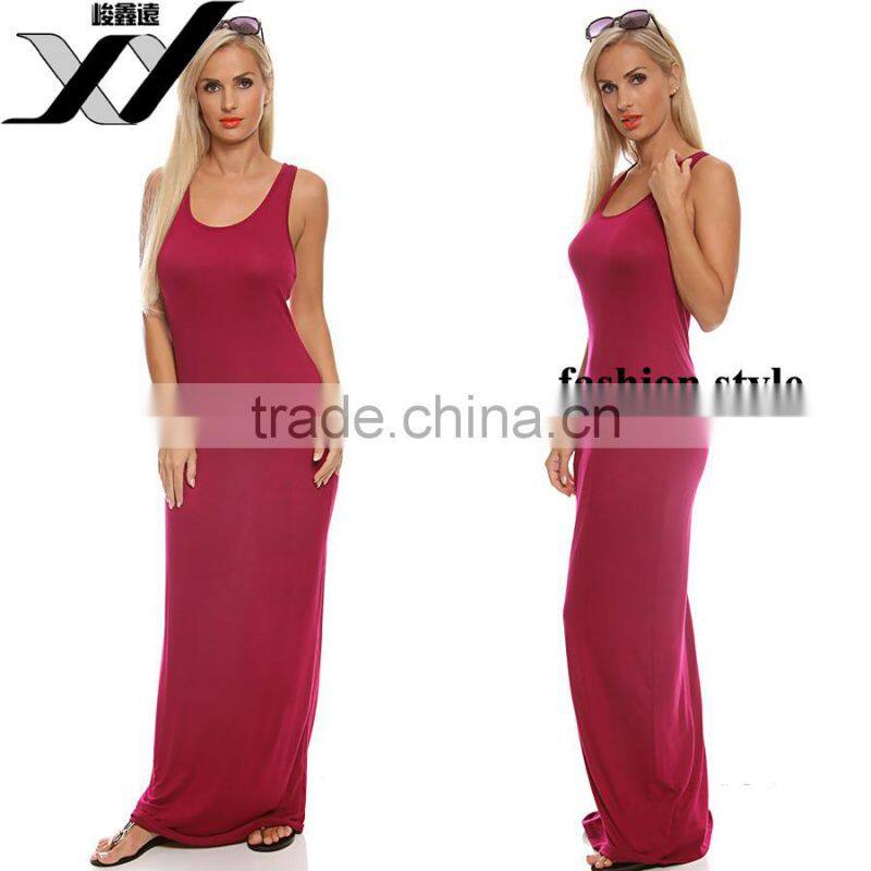 cotton spandex plain women maxi dress with scoop neck and slveeveless