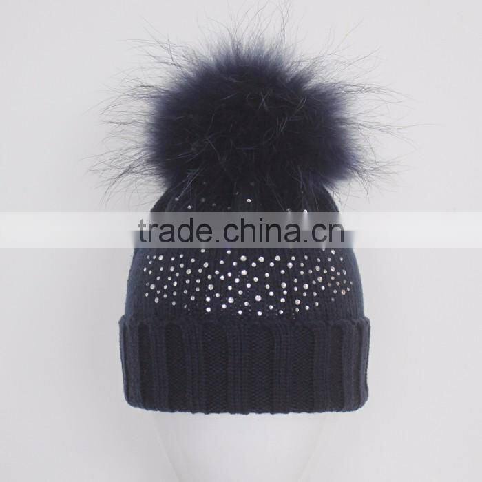 Myfur Navy Knitting Beanie Hat with Stones Real Raccoon Fur Ball Top For Teenager Boys