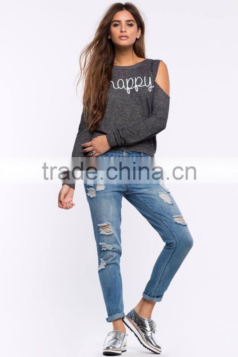 Sexy cold-shoulder graphic print crewneck sweatshirt womens clothing fall 2015
