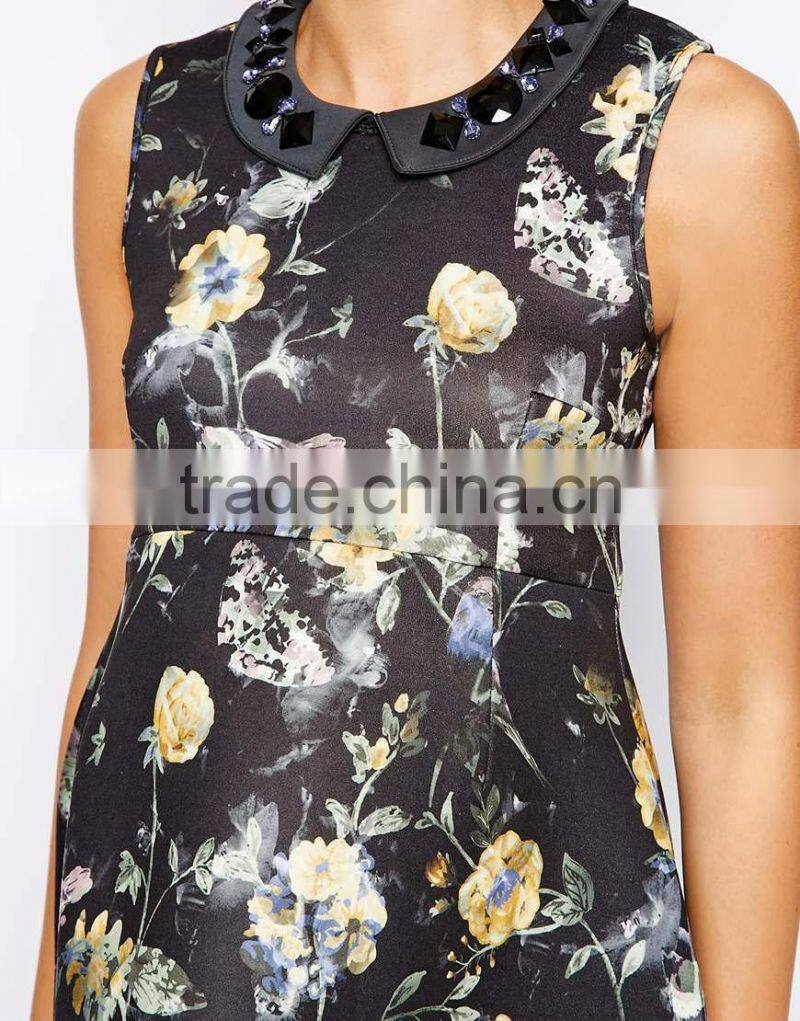 Maternity Skater Dress in Floral Print with Embellished Collar for pregnant women dongguan weibao clothing