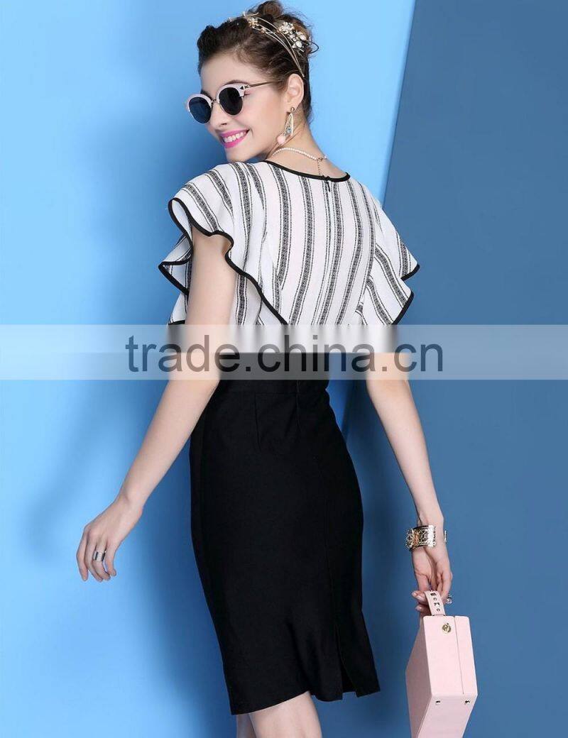 2016 girls summer imitate hemp vertical strip hip package wide sleeve dress