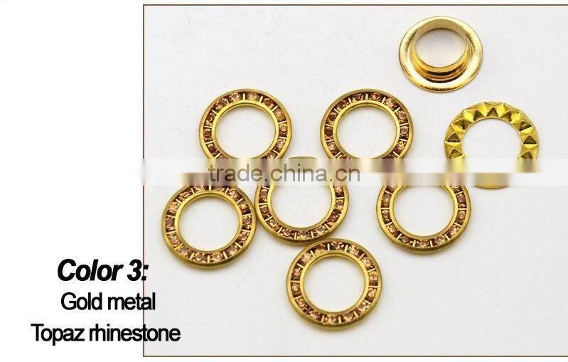 3 colors 15mm round metal brass rhinestone eyelets crystal diamond grommets glass eyelets RE-15mm-001