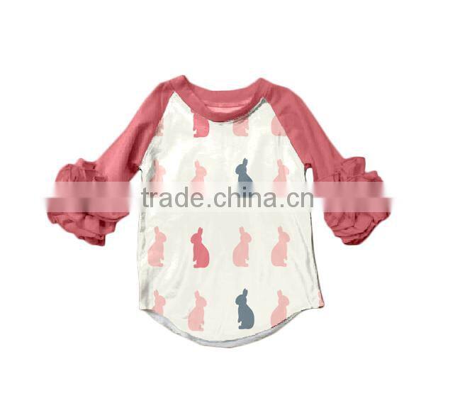 Wholesale baby Easter boutique clothing Ruffle Raglan T-shirt with bunny printed